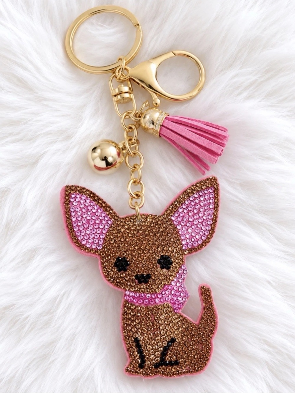 Chihuahua Rhinestone Keychain Bag Charm Key Ring Crystal Bling Brown Pink New